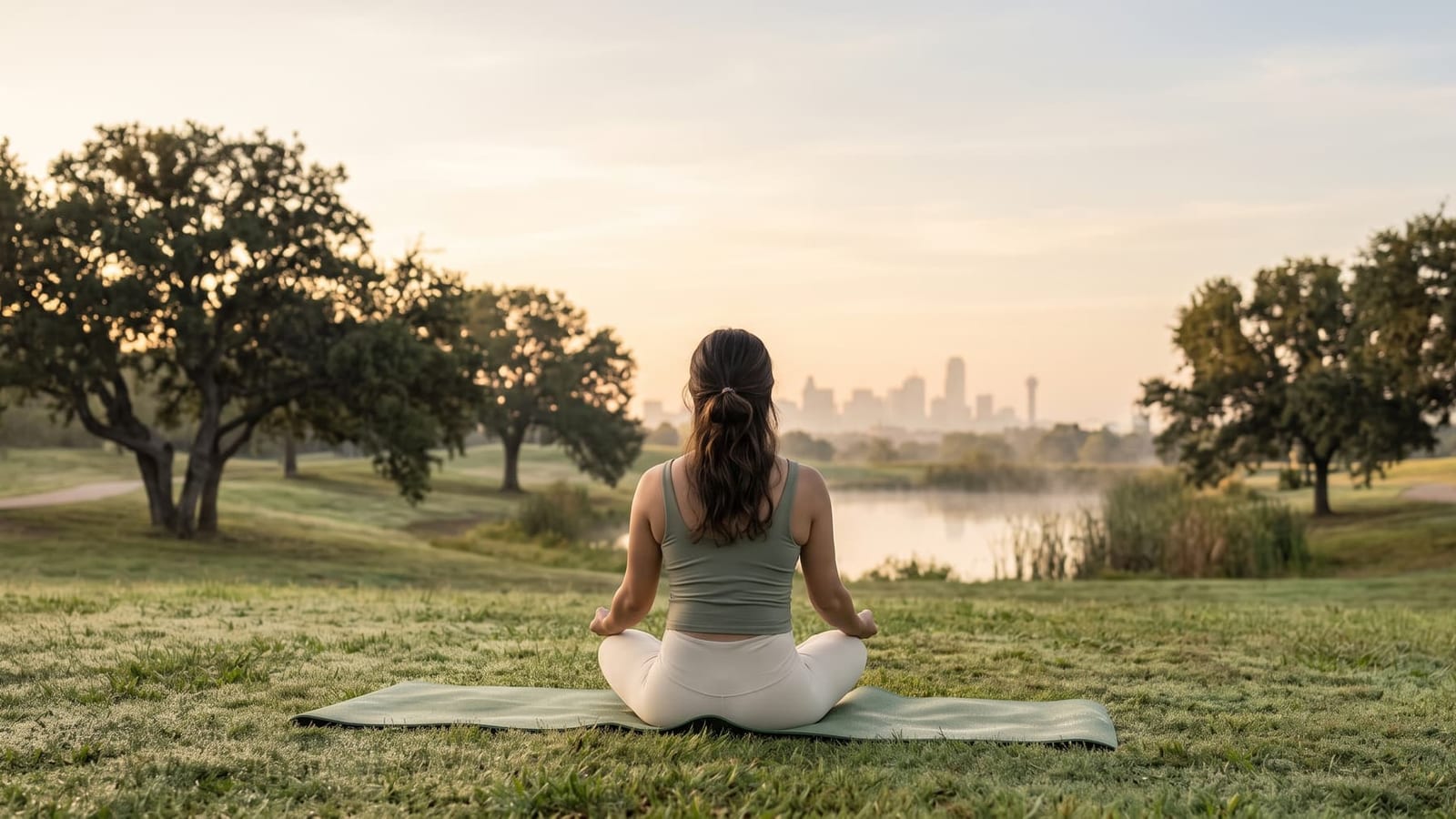 A woman meditating on a yoga mat in a Dallas park at sunrise, with the skyline in the mist
